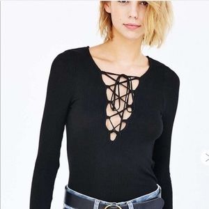 project social t, urban outfitters | black ribbed long sleeve lace-up top